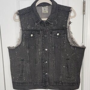 Vocal USA Black Denim Studded Fringed Vest Womens Large Rhinestone Embellished
